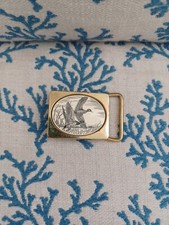 Vtg 1983 Barlow Belt Buckle Solid Brass Made In USA Ducks In Flight Scrimshaw