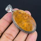 Vintage Fossil Coral Gemstone 925 Sterling Silver Jewelry Pendant 2.52"
