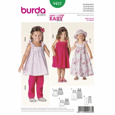Burda Kinder 9437 Mädchen Passender Nähmuster Alter 18m- 7y Skill: Super Einfach - Bild 1 von 3