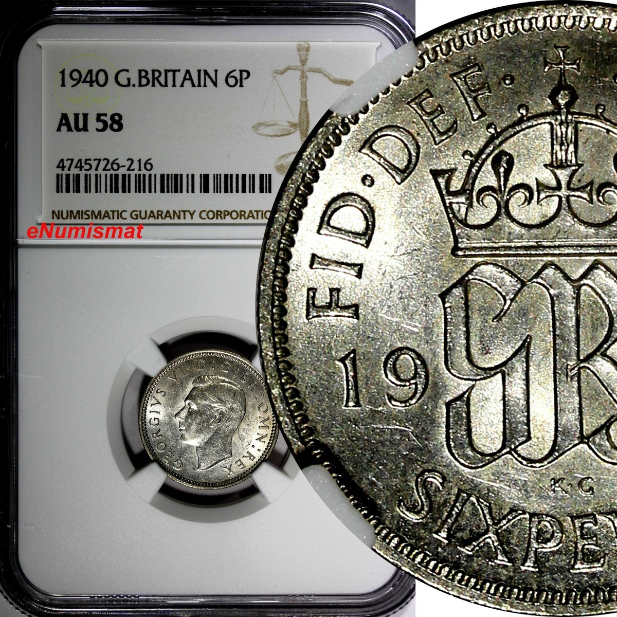 GREAT BRITAIN George VI Silver 1940 6 Pence NGC AU58 KM# 852