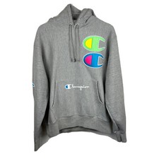 Champion Hoodie M Mens LIFE Reverse Weave Exclusive Gray Neon Multicolor Logos