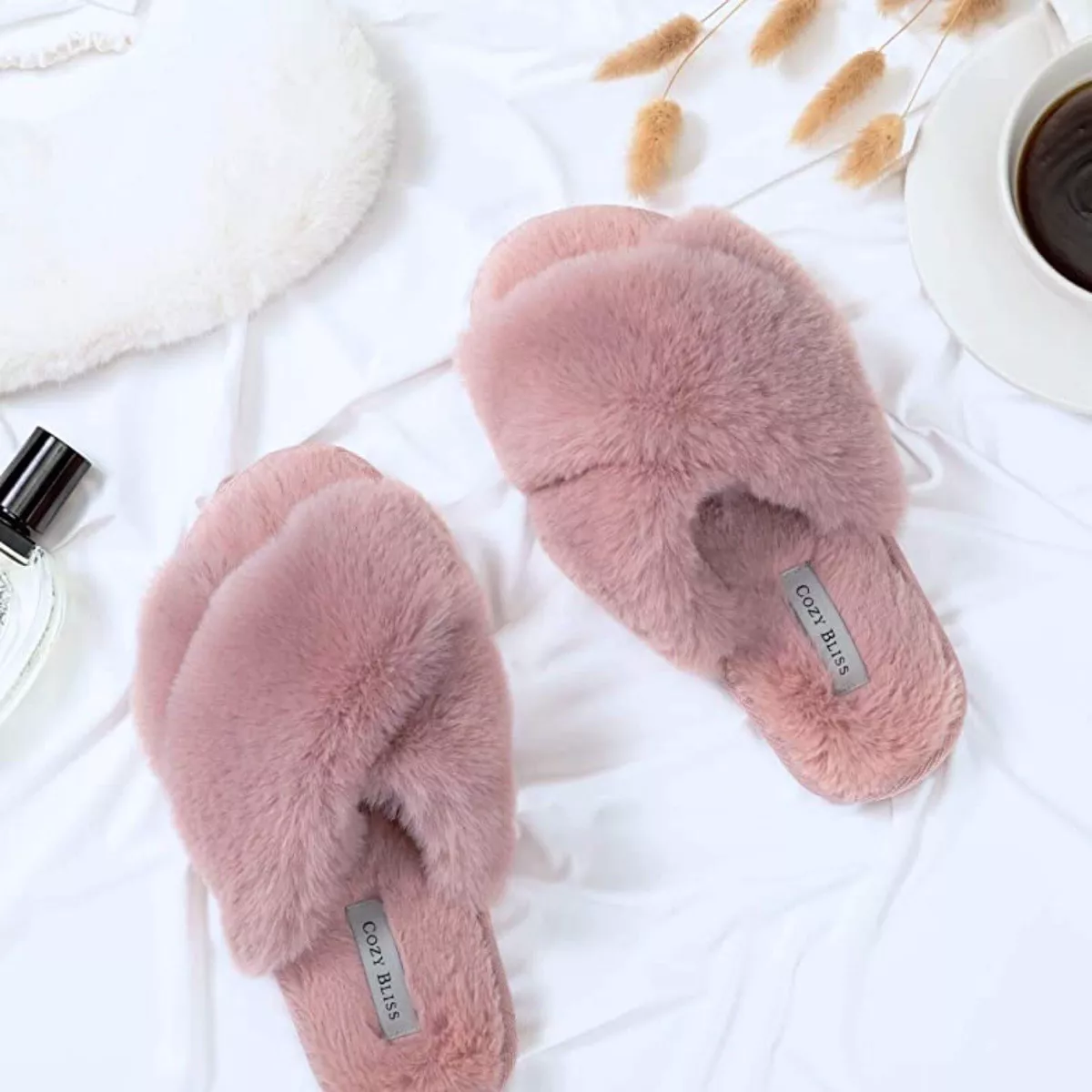 Pink fluffy hotsell open toe slippers