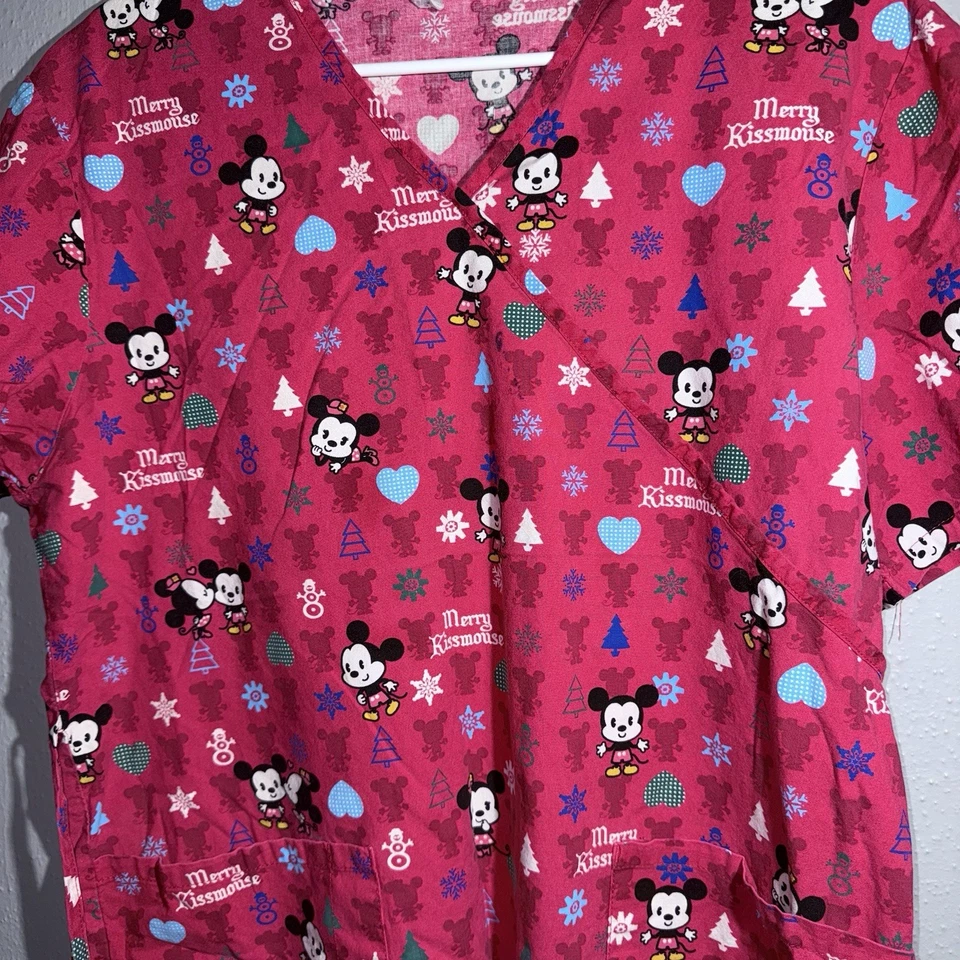 Disney Cuties Mickey Minnie Mouse "Merry Kissmouse" Medical Uniform Scrub Top M - Image 3 of 4
