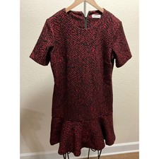 Calvin Klein Women Red Black  Chevron Ruffle Hem Dress Short Sleeve Zipper