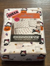 New Hello Kitty Halloween Fall Queen Sheet Set Orange Black Cat Pumpkin