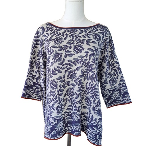 PERUVIAN CONNECTION Cotton Floral Jacquard Knit Sweater Top Blue Rust M/L Boxy
