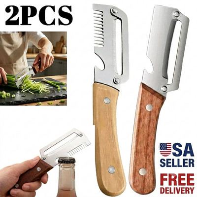 2 PCS 3-in-1 Multifunctional Vegetable Peeler with Wooden Handle,Julienne Slice