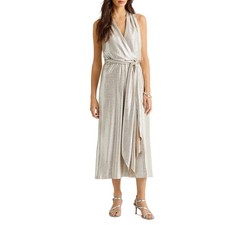 Ralph Lauren Women's Cocktail Dress Size 10 Gold Metallic Halter Sleeveless Wrap
