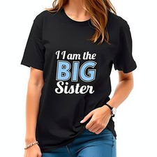Big Sister Cotton Tee - Playful Blue Text Design for Siblings