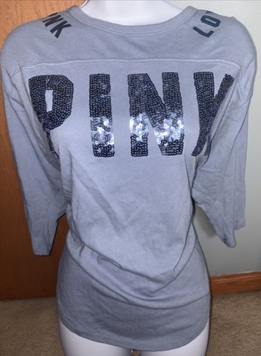 Pink Victorias Secret Tshirt 3/4 Sleeve Crewneck Tee Nordic Blue XS Sequins Love