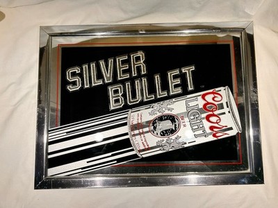 Vintage 1983 Mirrored Coors Light Silver Bullet Beer Sign 19.5  W By 14.5 Tall