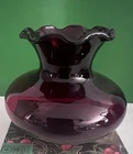MCM Vintage Anchor Hocking "Royal Ruby" Hand Blown Glass Vase Ruffled Edge 3 in