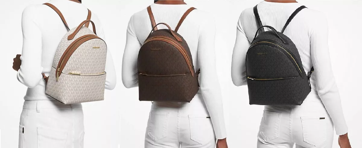 Michael Kors Sheila Medium Logo Backpack Brown Vanilla Black $498 NWT Packed