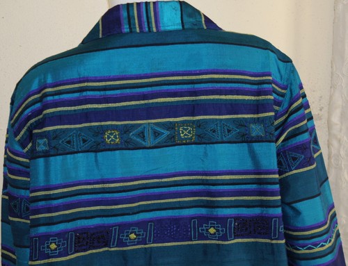 Chico's Sz 2 L Brilliant Aquamarine Vibrant Purple Blue Green Silk Art Jacket - Picture 7 of 7
