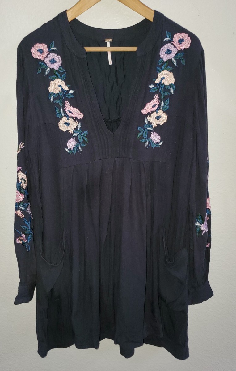 free people mia gauze embroidered mini dress Free People Mia Gauze Embroidered Mini Dress Size Small Black Floral