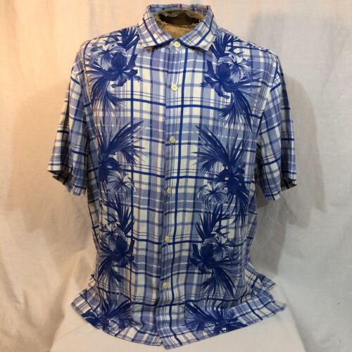 Tommy Bahama Hawaiian Button Up Camp Shirt Men's Large Silk Linen Blue White - Afbeelding 1 van 11