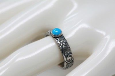 5mm Arizona Mined Turquoise Ring Flower Pattern 925 Sterling