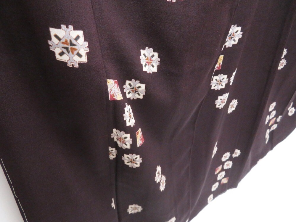 3611T03z740 Vintage Japanese Kimono Silk KOMON Flower Dark brown