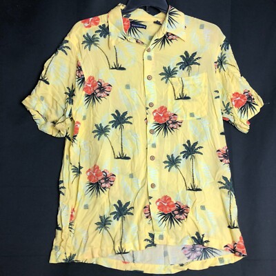 Knightsbridge Men's Hawaiian Button Up Shirt XL Yellow With Palm Trees & Flowers