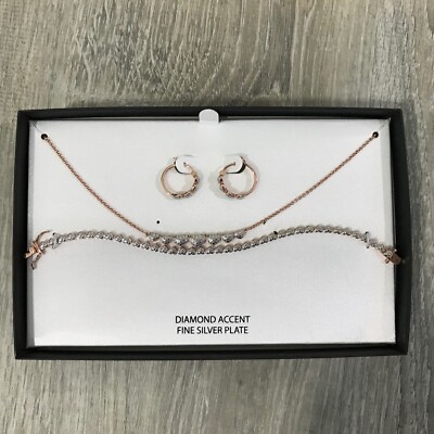 NEW $200 MACYS Captured Heart Rose Gold Sterling Silver Necklace Jewelry Set