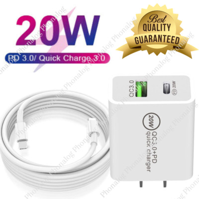 20W PD QC Power Adapter Cube Fast Charger For iPhone 14 13 12 11 XR 8 USB C Cord