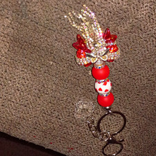 Red  White Heart Pattern Beaded Key Chain w/ Silver Rhinestone Bow Tassel