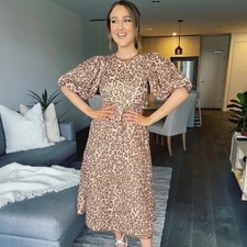 Zimmermann Concert Day Dress Size 2 AU/UK 12 US 8 Leopard Midi Linen Puff Sleeve