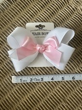 Girls White Pink Grosgrain/Satin Ribbon Hair Bow Alligator Clip, One Size