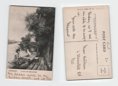 Postkarte - Ein Tag auf dem Fluss Frau im Boot Hund Edwardianische Kunst UNBESPIELT