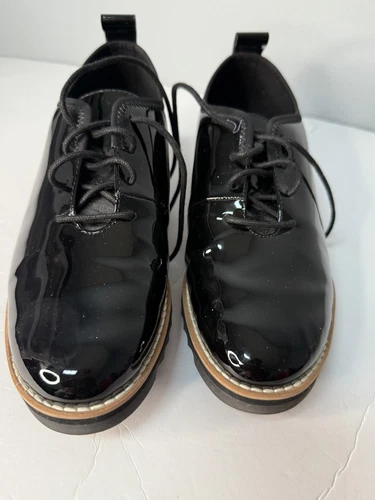 Eileen Fisher Women’s 8 Black Patent Leather Wedge Oxfords Shoes Eddy Lug Sole - Picture 1 of 6