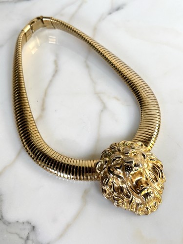 VINTAGE 1980s MASSIVE LION CHUNKY OMEGA GOLD TUBOGAS STATEMENT NECKLACE WOW!
