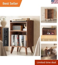 Chic Walnut Record Player Stand with Charging Station USB Ports for 160 Albums