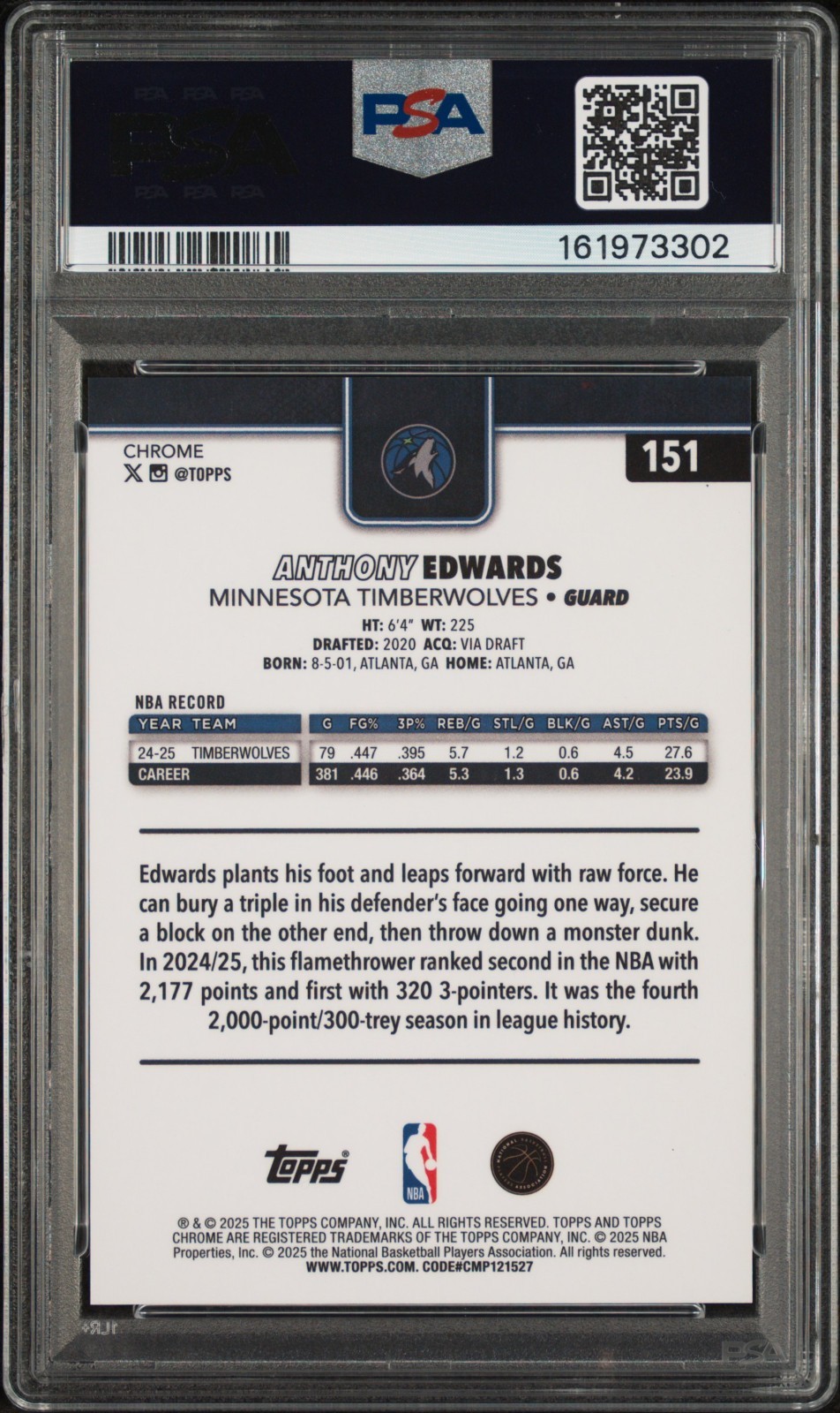 2025-26 Topps Chrome Anthony Edwards Blue X-Fractor #151 Timberwolves PSA 10 view 2