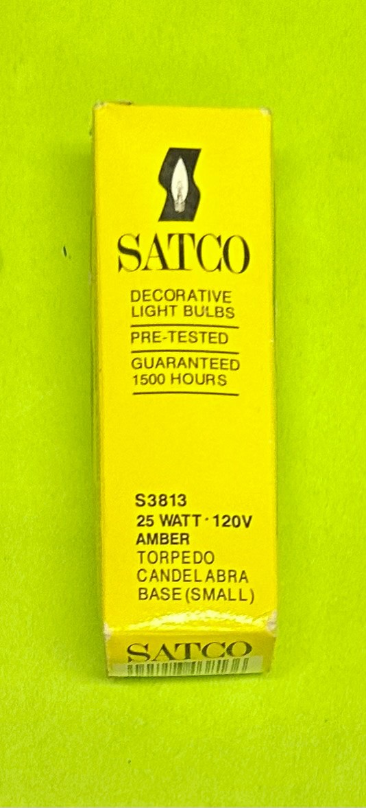 SATCO 25 AMBER TORPEDO NIGHT LIGHT BULB E12 CANDELABRA BASE