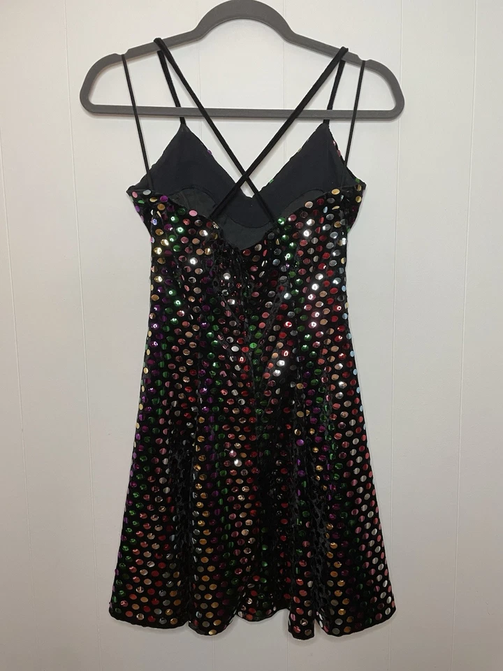 Vtg Betsey Johnson 90's Reflective Multicolor Sequin Stretch Black Velvet Dress - Image 2 of 4