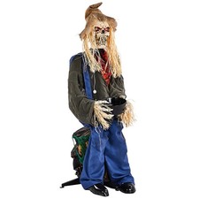 4.5 Ft Halloween Sitting Scarecrow Animatronic Moving Head LED Eyes Candy Bucket