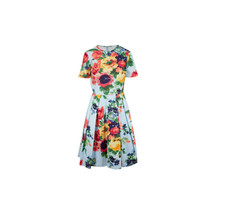 Carolina Herrera Floral A-Line Dress Womens 4 Blue Crew Neck Short Sleeve Cotton