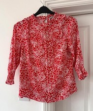 Oasis Red Heart Print Blouse UK 12 Frill Neck Long Sleeve Top