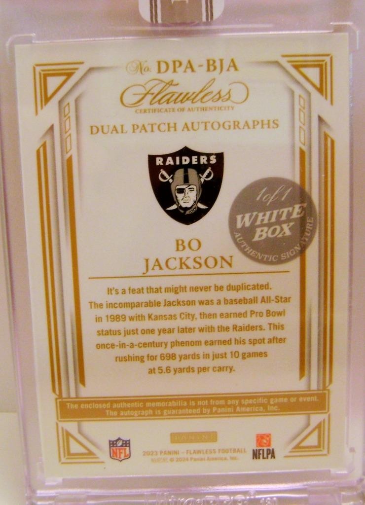 BO JACKSON 1/1 DUAL PATCH AUTO WHITE BOX PANINI FLAWLESS FOOTBALL 2023 view 4
