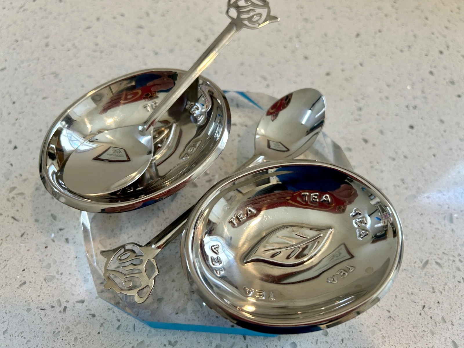2 ~ Tea Bag Pedestal Dish with Matching Tea Spoons Lot - Stainless Steel 18/8