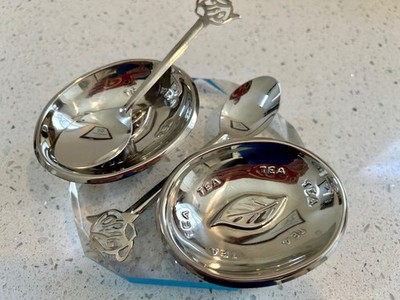 2 ~ Tea Bag Pedestal Dish with Matching Tea Spoons Lot  - Stainless Steel 18/8