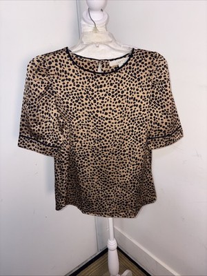 Ann Taylor Loft Black Tan Animal Print Short Sleeve Blouse Top Shirt Small NEW