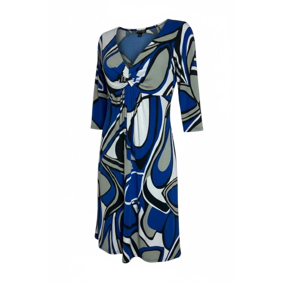 BISOU BISOU M Midi Dress Blue Gray White Stretch Abstract Print Modern Artsy - Image 2 of 4