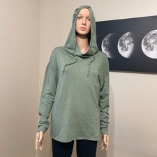 Women's Green Knit Pullover Hoodie Cowl Neck Long Sleeve Drawstring Solid