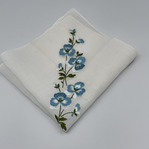 Vtg Embroidered Handkerchief Blue White Floral Made In Switzerland Hanky W/Label