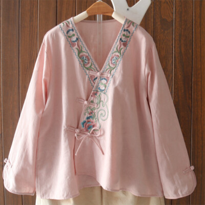 Women Floral Vintage Embroidery Cotton Linen Shirt Retro Ethnic