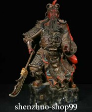 24" Old China Wucai Porcelain Pottery Guan Gong Yu Warrior God broadsword Statue