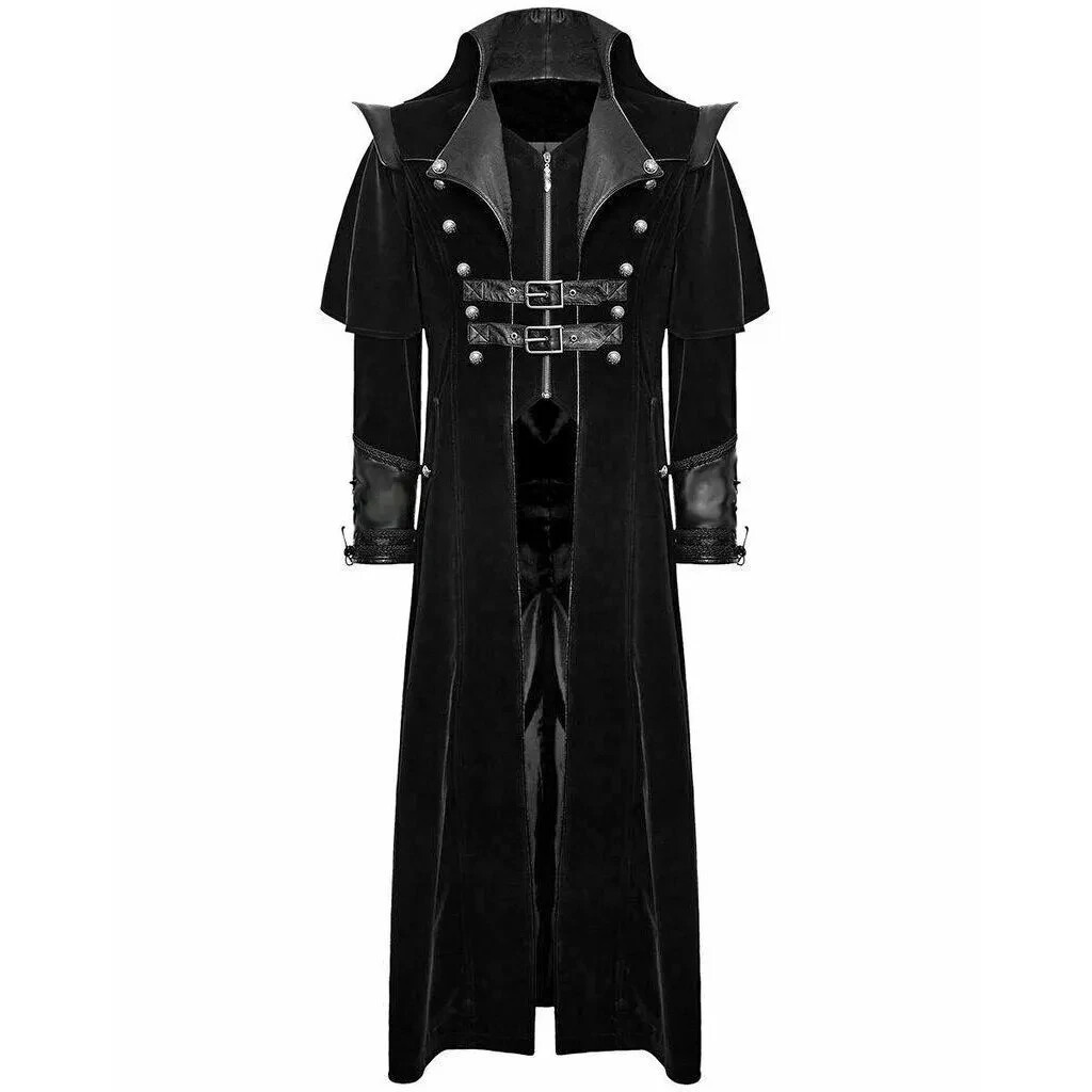 Gothic Steampunk Military Black Jacket for Men Punk Highwayman Long Coat