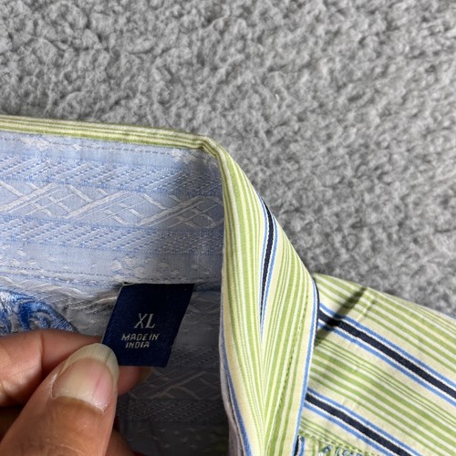 Camicia Robert Graham uomo extra large verde blu a righe con bottoni ricamati - Foto 4 di 15
