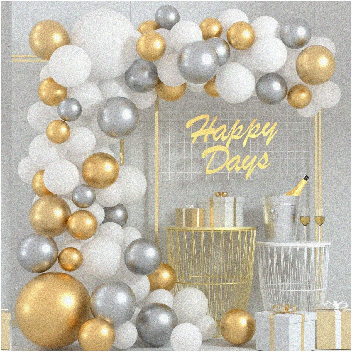 Celestial Celebration: 108-Piece White & Gold Silver Balloon